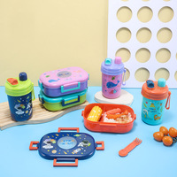 Lot de boîtes à bento et gourdes isothermes pour enfants, motif dessin animé, avec 2 compartiments, compatibles micro-ondes, vente en gros
