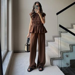 Set <span class=keywords><strong>taglie</strong></span> <span class=keywords><strong>forti</strong></span> da donna abito Casual collo a o senza maniche plissettato pantaloni larghi da ufficio elegante completo da donna estivo - Product Image 4
