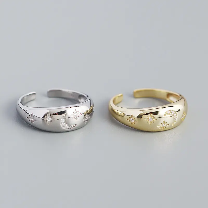 925 prata esterlina ouro estrela lua anéis ajustável mulheres luxo aberto banda círculo anéis