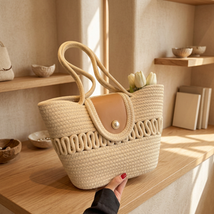 Bolso de Paja de Gran Capacidad para Mujer, Estilo Vintage, para Todas las Temporadas, Viajes, Compras, con Correa Única y Cierre de Cremallera, para la Vida Diaria - Product Image 3