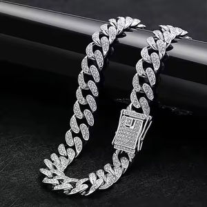 Collier pour chien et chat en chaîne métallique de luxe de 12 mm de large, style cubain, avec diamants étincelants, couleur or - Product Image 3