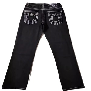 Jeans délavés style américain pour le commerce électronique transfrontalier, coupe droite, taille mi-haute, avec motif <span class=keywords><strong>Bouddha</strong></span> religieux en fil épais blanc - Product Image 5