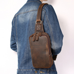 Vintage Genuine Leather Men's Chest <b>Bag</b> Dark Brown Coffee Color Top Grain Cowhide Handmade Double Zipper Crossbody - Product Image 3
