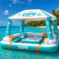 Île flottante gonflable pour parc aquatique avec bar, ponton et canapé à auvent pour club de plage, location pour fêtes, usage extérieur et loisirs