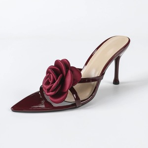 Sandalias de tacón alto sexy con punta y diseño floral patentado para mujer, venta al por mayor transfronteriza - Zapatos de tacón alto color burdeos - Product Image 4