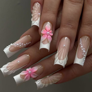 Nouveau produit tendance : Faux <span class=keywords><strong>ongles</strong></span> à presser réutilisables, forme longue carrée, motif floral 3D avec ligne dorée à la française, couvrance totale - Product Image 4
