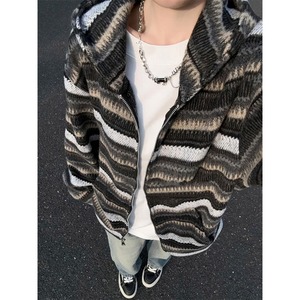 Sudadera con Capucha a Rayas Retro Americana para Hombre, Otoño, Informal, Holgada, de Punto, con Cierre Frontal y Mangas Acampanadas - Product Image 1