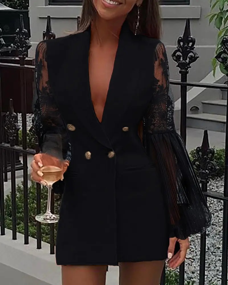 Women Dress Suit With Pockets Turn Down Collar Patchwork Design Mini Dress Jacket Dresses Women With Lace Lantern Sleeves