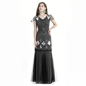 Elegante <span class=keywords><strong>Vestido</strong></span> de Noche Largo de Gasa Estilo Sirena Vintage para Mujer, con Cuello en V, Bordado y Pedrerí<span class=keywords><strong>a</strong></span>, para Fiesta o Evento Formal - Product Image 2