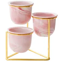Pot Bunga Keramik Pola Marmer, Pot Bunga Keramik dengan Dudukan Besi Emas untuk Dekorasi Rumah
