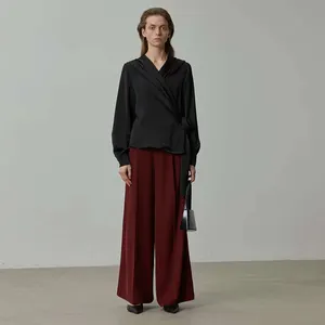2024 новый дизайн с длинным рукавом V-образным вырезом Элегантная Повседневная Блузка с перекрестным ремешком для женщин топы на шнуровке