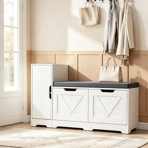 SENYU White Farmhouse Entryway <b>Shoe</b> <b>Bench</b> <b>with</b> Cushioned <b>Seat</b> and <b>Storage</b> Drawers for Hallway Furniture - Product Image 1