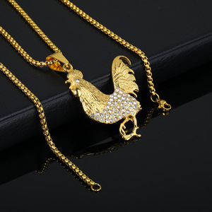 Collier Coq de <span class=keywords><strong>Paris</strong></span>, France, plaqué or 18 carats, titane, acier inoxydable, pendentif Gaul Chicken, strass, broche, chaîne, <span class=keywords><strong>bijoux</strong></span> - Product Image 1