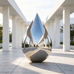 Escultura Geométrica de Gota de Agua en Acero Inoxidable Pulido Espejo, Estatua Metálica Abstracta Facetada para Decoración de Paisajes de Plazas Exteriores - Product Image 6