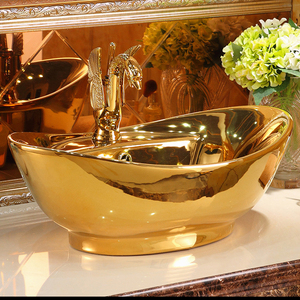 Lavabo de salle de bains en plaqué or, 1 pièce, style européen de luxe, pour hôtel maison, en céramique - Product Image 4