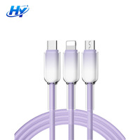 Câble de charge rapide tressé 3-en-1 60W 1,2M USB-A/Type-C QC, transfert de données, gaine PVC, multicolore, pour mobile