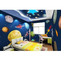 Wallpaper 3D Latar Belakang Seluruh Rumah dengan Desain Astronot Luar Angkasa dan Planet yang Indah