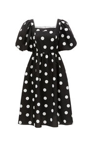 Novo Vestido Midi Feminino Elegante Casual Respirável Preto com Manga Bufante e Cintura Império com Poás Brancos Digitais - Product Image 3