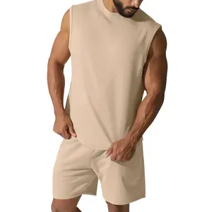 Grosir set kaus olahraga otot tanpa lengan katun kasual musim panas kaus tank top pakaian gym pria untuk pria
