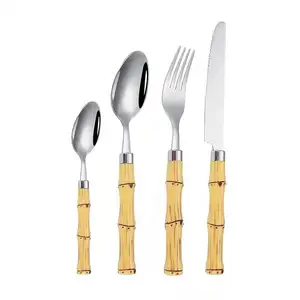 Conjunto de faca e garfo para bife ocidental com cabo de bambu, colher de sobremesa para bolo, faca de aço inoxidável, garfo e colher, utensílios de mesa