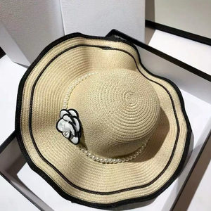 Chapeaux de paille élégants et luxueux en camélia, écologiques, à large bord ondulé, avec fleurs et chaîne de perles, pour femme, style sombrero de camélia - Product Image 5