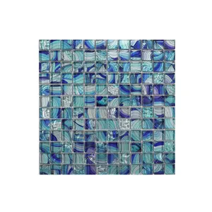 酒店墙面装饰用新型3D打印闪亮蓝银波浪图案冷喷涂水晶玻璃马赛克