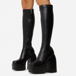 Botas de tacón grueso con plataforma y punta cuadrada para mujer, hasta la rodilla, cómodas, de moda, para invierno - Product Image 2