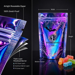 Bolsa de Mylar Holográfica Personalizada para Halloween, a Prueba de Olores, con Diseño Láser Arcoíris, para 3.5g de Dulces, con Cierre Vertical, Sin Costo de Placa - Product Image 3
