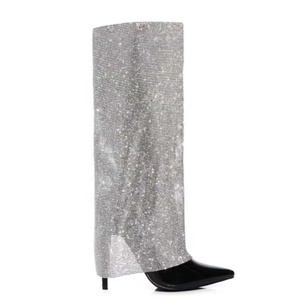 Women Diamonds Folded Over Knee High Boots Stiletto Thin Heels Shiny Bling Rhinestone Shoes Overlay Pointy Toe Long <b>Booties</b> - Product Image 5
