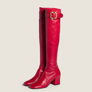 Women's Square Toe Knee High <b>Boots</b> Ladies High Chunky Heels Side Zipper Shoes Top Metal Buckle Long Booties - Product Image 1