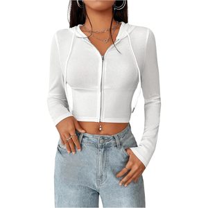 FOXA Women's <b>Zip</b> <b>Up</b> <b>Cropped</b> Hoodie Sweatshirt Long Sleeve Knitted Breathable Y2K Crop Top Casual Fall Outfit - Product Image 1