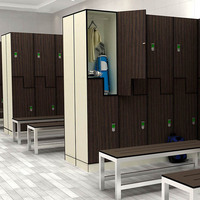 Casiers de rangement pour bagages de personnel en stratifié compact HPL intelligent, étanche et personnalisé, avec bancs intégrés pour salle de sport