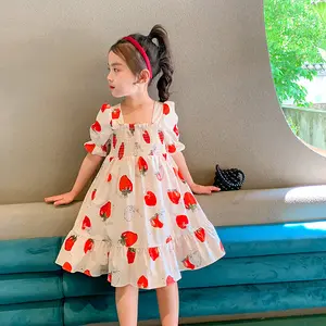 Fashionable High Quality Kids Frock Children Clothes Latest Cute Strawberry Print Flutter Girls Dresses