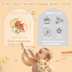 Orzbow Infant <b>Montessori</b> Teether Ball Musical BPA Free Brown Silicone <b>Baby</b> Rattle Chew Toy Sensory Teething Toy for <b>Babies</b> - Product Image 3