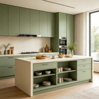 Meubles de cuisine modernes sur mesure pour toute la maison, avec éclairage et rangement multi-tiroirs, fournis directement par l'usine OEM, pour projets résidentiels.