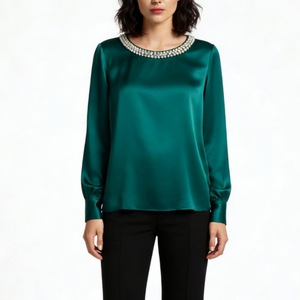 Women's Pearl Beaded Neck Satin Blouse - Long Sleeve Crew Neck Casual <b>Top</b> Shirt Fashion - Product Image 3