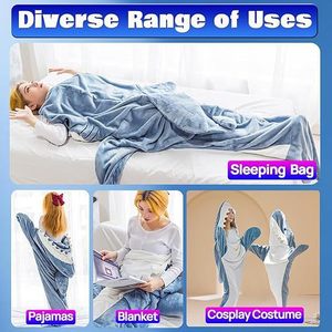 Pijama tipo saco de dormir con diseño de tiburón, manta portátil de franela azul y blanca para dormir en casa, comodidad y ocio - Product Image 5