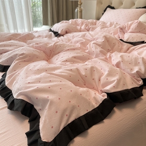 Set di Biancheria da <span class=keywords><strong>Letto</strong></span> in Cotone Lavato a Pois, <span class=keywords><strong>Tessuto</strong></span> a Doppia Garza con Bordo Nero Arricciato, Lenzuola Traspiranti Lavabili in Lavatrice - Product Image 2