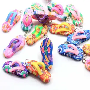 Colorful Polymer Clay 3D Flip Flops Charms Pendant Key Chain Handmade Crafts Phone Deco Jewelry Making Accessory