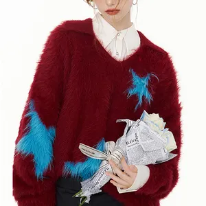Таможенных женское платье большого размера сезона осень Интарсия вязать свитер с v-образным вырезом с принтом в виде звезд