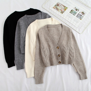 Suéter de color sólido de cintura alta de longitud corta para <span class=keywords><strong>mujer</strong></span> Cárdigan de <span class=keywords><strong>punto</strong></span> ajustado <span class=keywords><strong>Chaqueta</strong></span> de <span class=keywords><strong>punto</strong></span> de cable Moda - Product Image 1