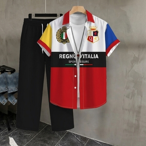Ensemble de chemises et pantalons personnalisés en gros, légers, respirants, à manches courtes, style universitaire, color block, streetwear, pour hommes - Product Image 2