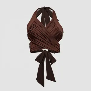 Tops cortos personalizados para mujer, ropa marrón sin mangas con cuello Halter, chaleco de envoltura y corbata, Jersey cruzado fruncido, camisa corta de satén