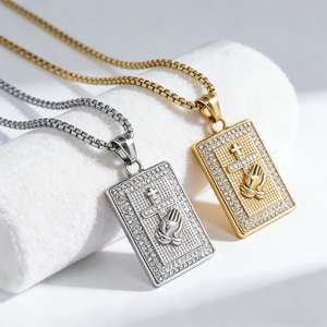 Hip Hop Diamond Prayer Hand <b>Cross</b> Necklace Unisex Everyday Wear Geometric Pendant Round Brilliant Cut Side Stone - Product Image 1