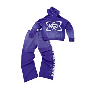 Conjunto de Sudadera con Capucha y Cremallera Estilo Boxy y Pantalones Deportivos Holgados para Hombre, 460 g/m² de Alto Gramaje, Lavado Ácido, Estampado de Pedrería, Chándal de Streetwear - Product Image 5