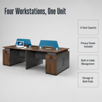 Poste de travail de bureau pour 4 personnes, double face avec écrans d'intimité, grain MDF foncé, écologique, modulaire pour usage collectif
