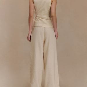 Conjunto de Dos Piezas Casual y Elegante para Mujer, Pantalones Vaqueros con Corte de Campana y Top de Tirantes con Cuello en V, en Lino y Algodón - Product Image 2