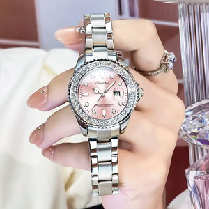 Montre à quartz pour femme Lilacnui, cadran or rose, lunette sertie de diamants, bracelet en acier inoxydable, verre minéral, fermoir pliant, affichage de la date - Product Image 2