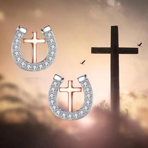 Orecchini a Cerchio Bicolore in Argento 925 Placcato Oro Rosa con Cristalli e Strass, Gioielli Religiosi da Donna per Uso Quotidiano - Product Image 3