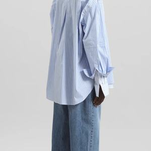 Camisas de Verano Personalizadas de Alta Calidad para Mujer, Manga Larga, Cuello Polo, Holgadas, a Rayas Azules, Blusas Elegantes para Mujer - Product Image 2